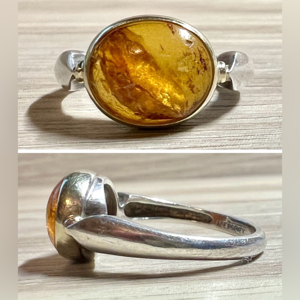 Vintage Designer Alekseyev Sterling Silver & 18k Gold Amber Ring, Size 8.5